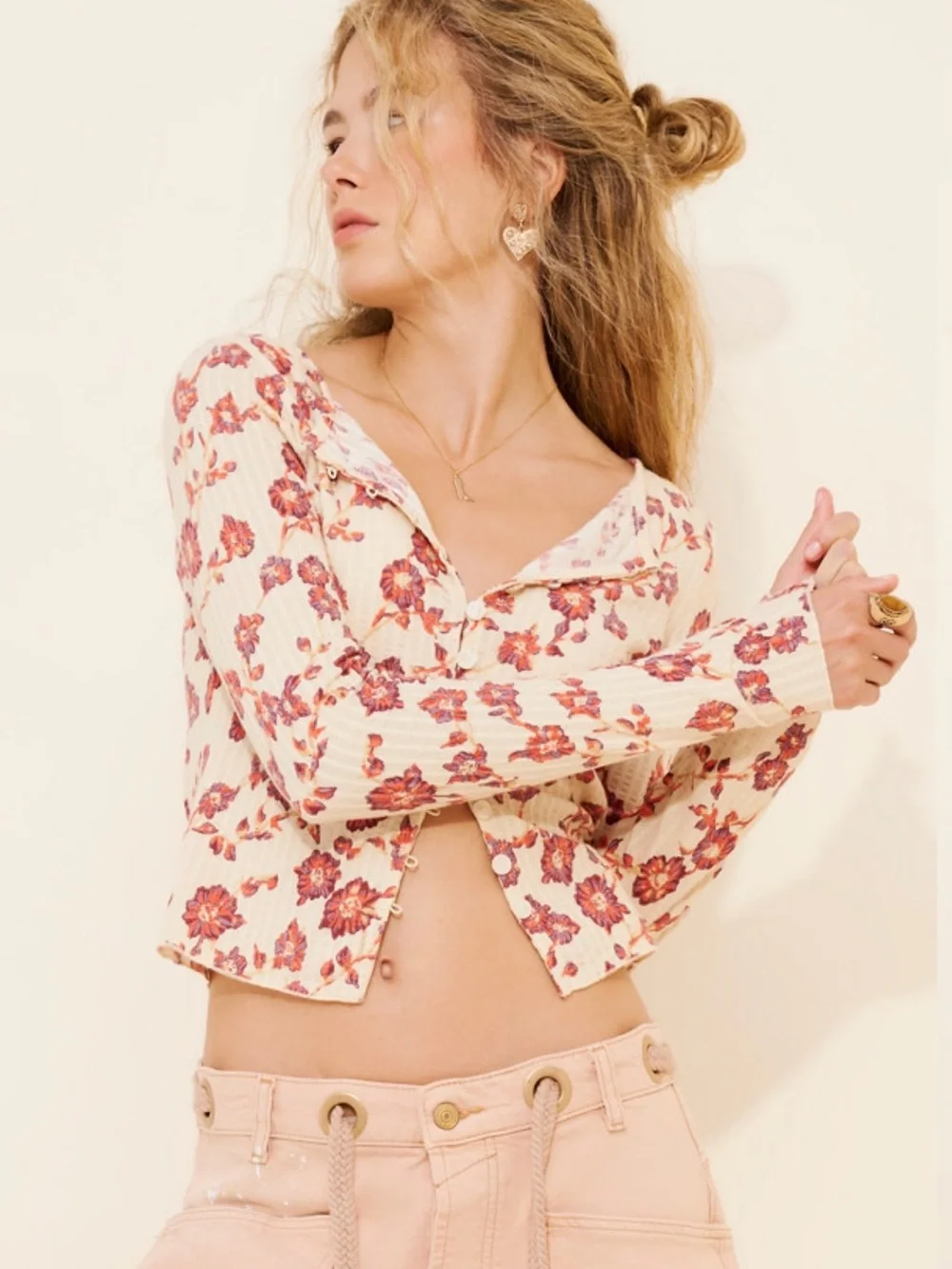 Free People Cream Ribbed Button-Front Crop Top with Pink Floral